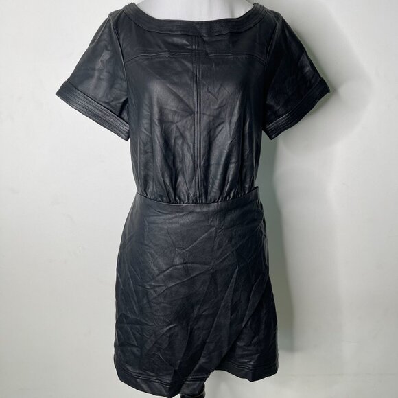 Anthropologie Women's Black Faux Leather Wrap Mini Short Sleeve Dress Size 8 - Picture 3 of 13